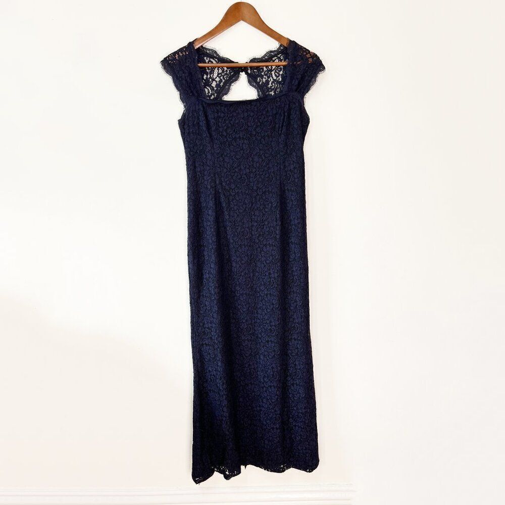 Adrianna Papell Blue Lace Cap Sleeve Midi Length Formal Dress